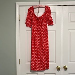 Red and white floral Urban Outfitters midi length dress